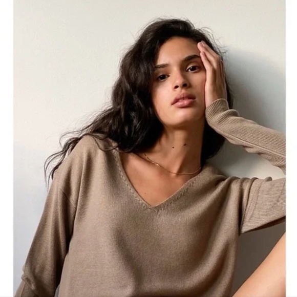 Aritzia Wilfred Knit Sweater Cyprie V-Neck 100% Merino wool Taupe Tan Size L - Picture 3 of 14